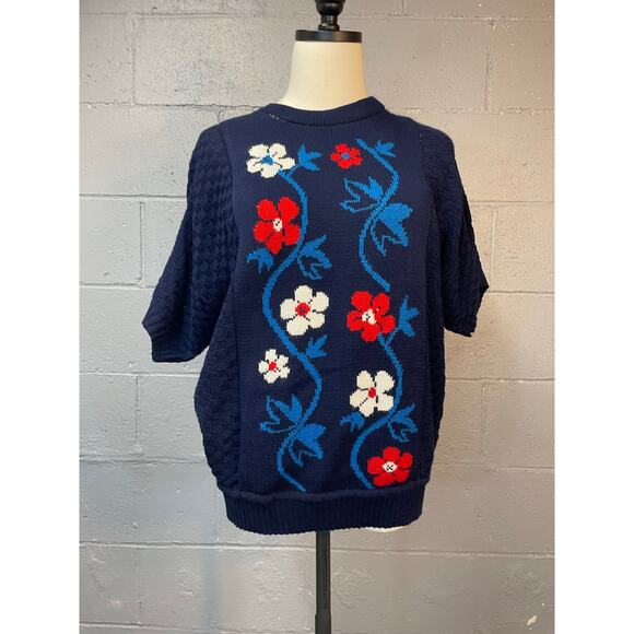Vintage 1980s Floral Novelty Knit Short Sleeve Sweater Red White Blue Med - Picture 6 of 10